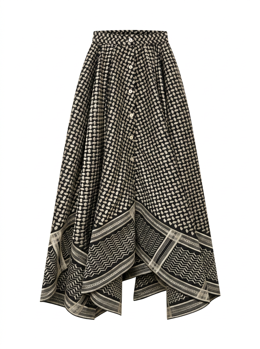 PRE-ORDER / Keffiyeh Embroidered Asymmetric Maxi Skirt / BLK & OFF WHITE
