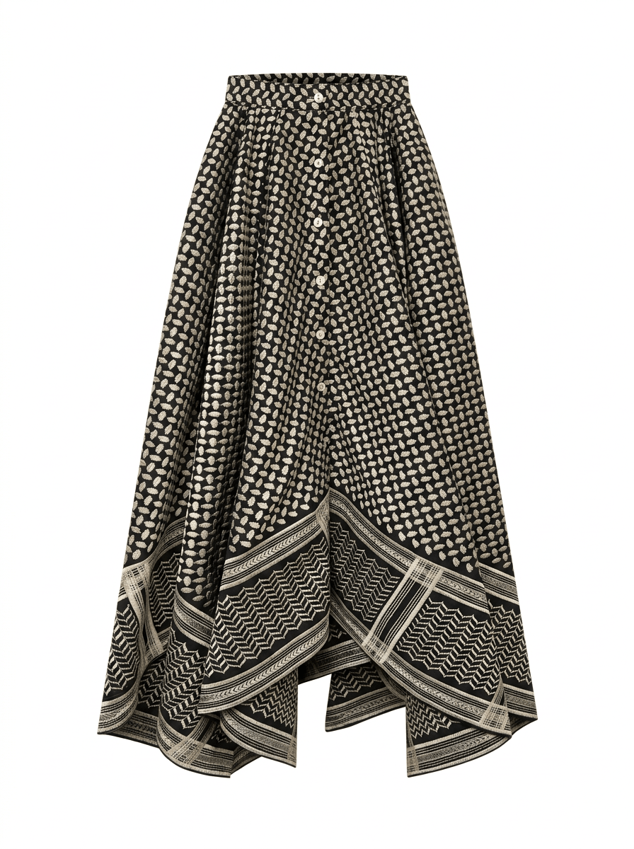 PRE-ORDER / Keffiyeh Embroidered Asymmetric Maxi Skirt / BLK & OFF WHITE - ANZ