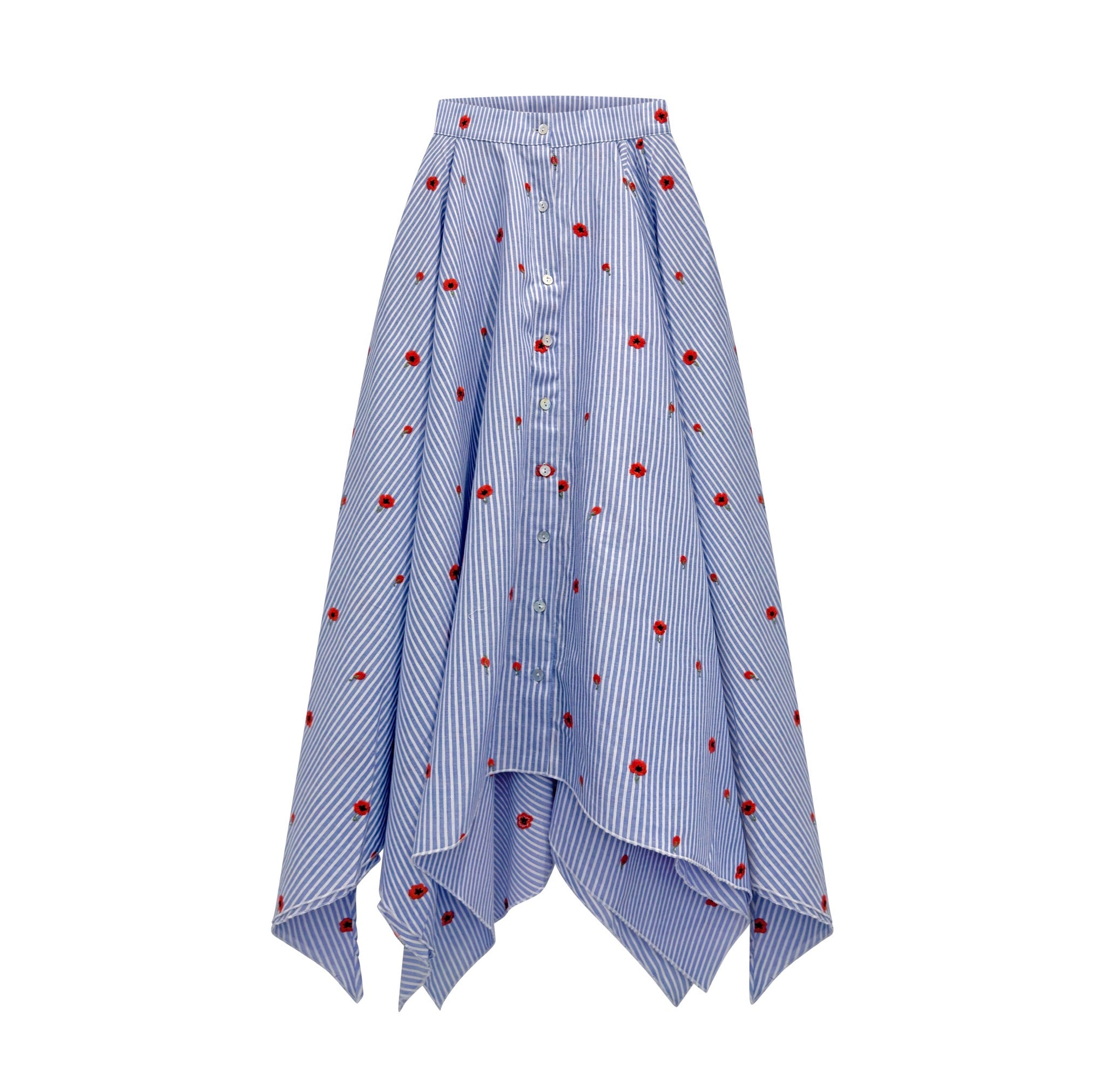 Poppy Embroidered Asymmetric Maxi Skirt / Blue Stripe / PREORDER 15/08/26
