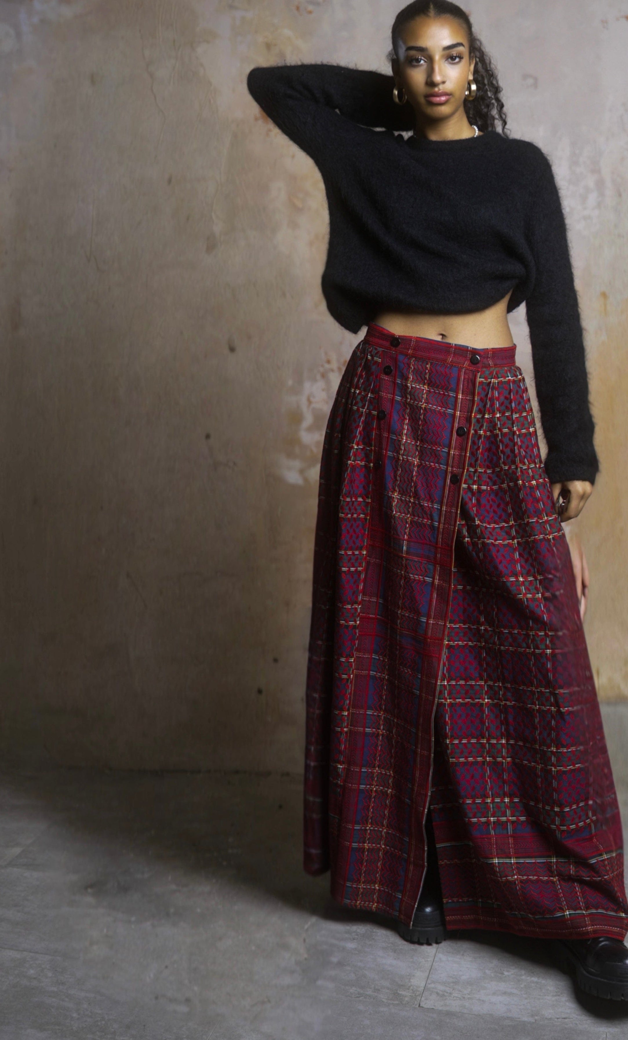 Keffiyeh Embroidered Tartan Maxi Skirt