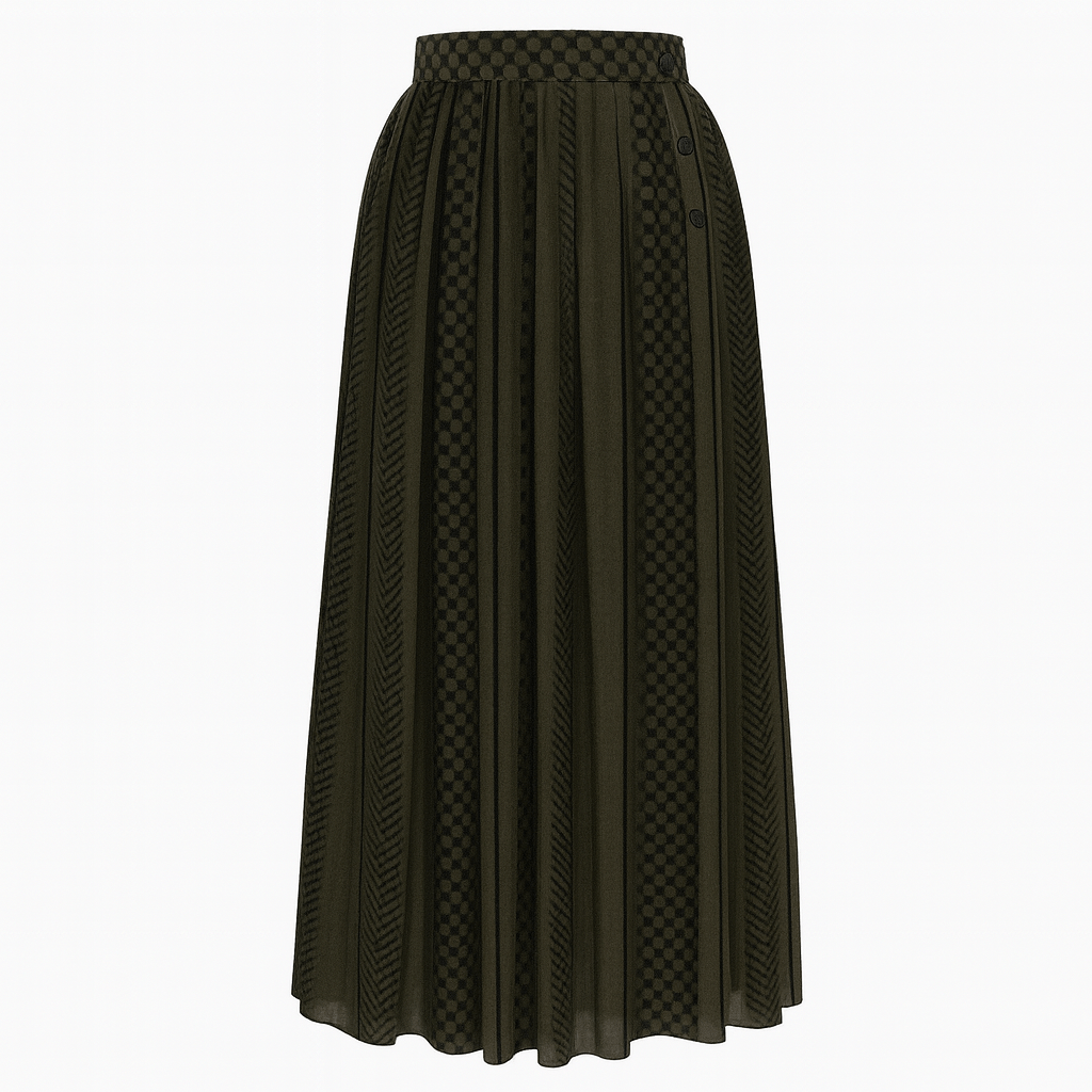 Keffiyeh Pleated Maxi skirt/ OLIVE