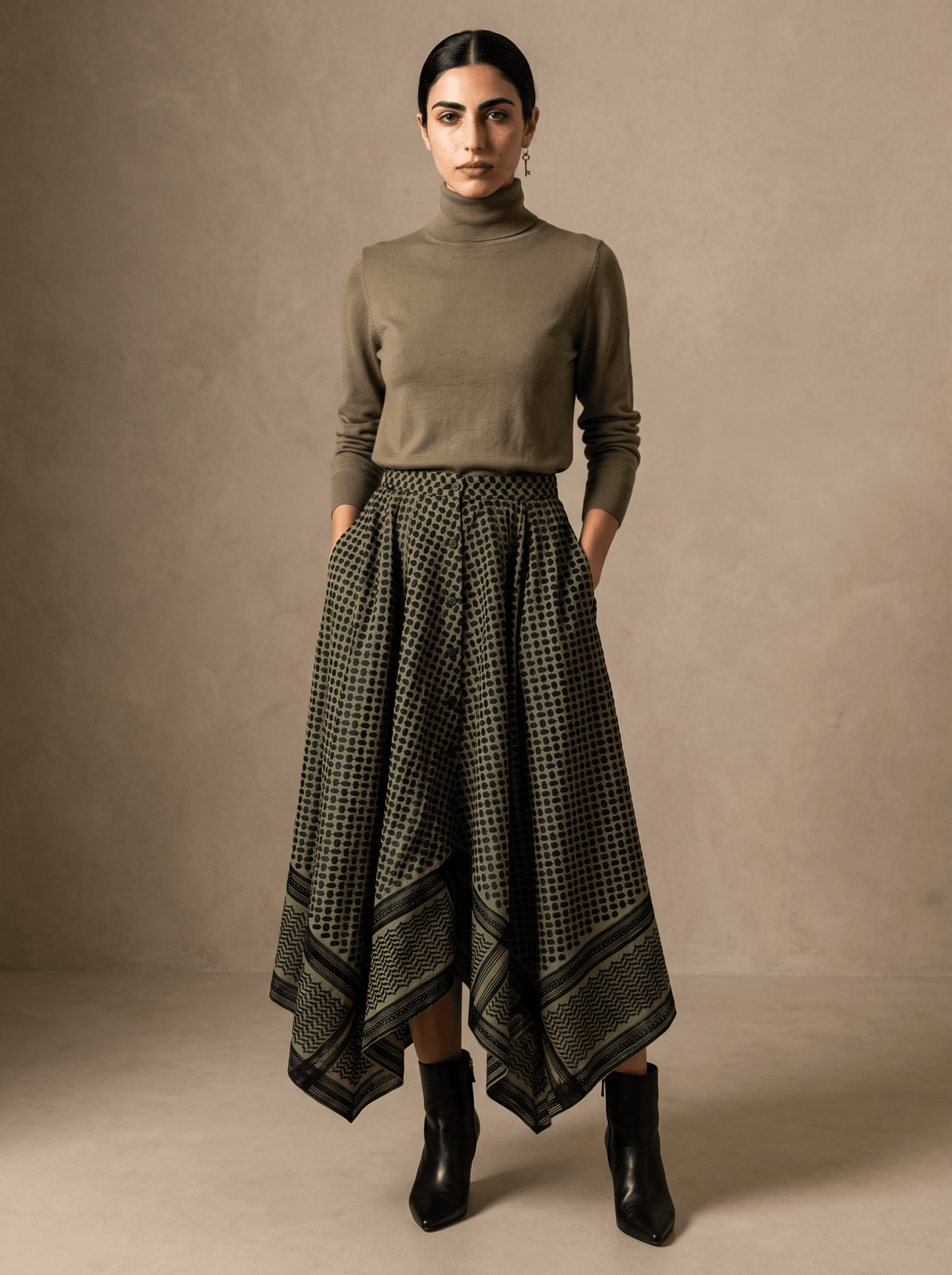 PRE ORDER : Keffiyeh Embroidered Asymmetric Maxi Skirt / OLIVE & BLACK - ANZ