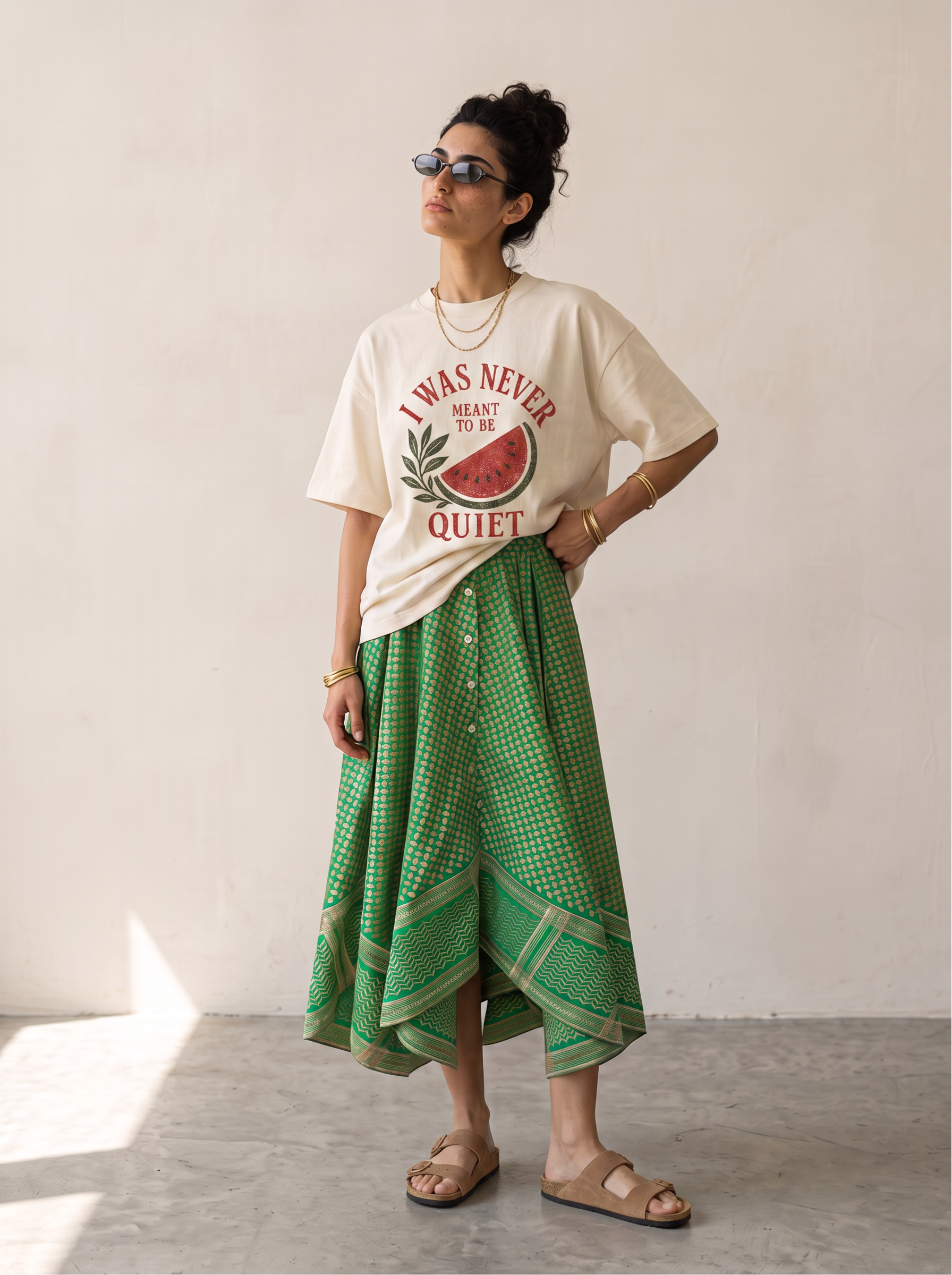 Keffiyeh Embroidered Asymmetric Maxi Skirt / Green