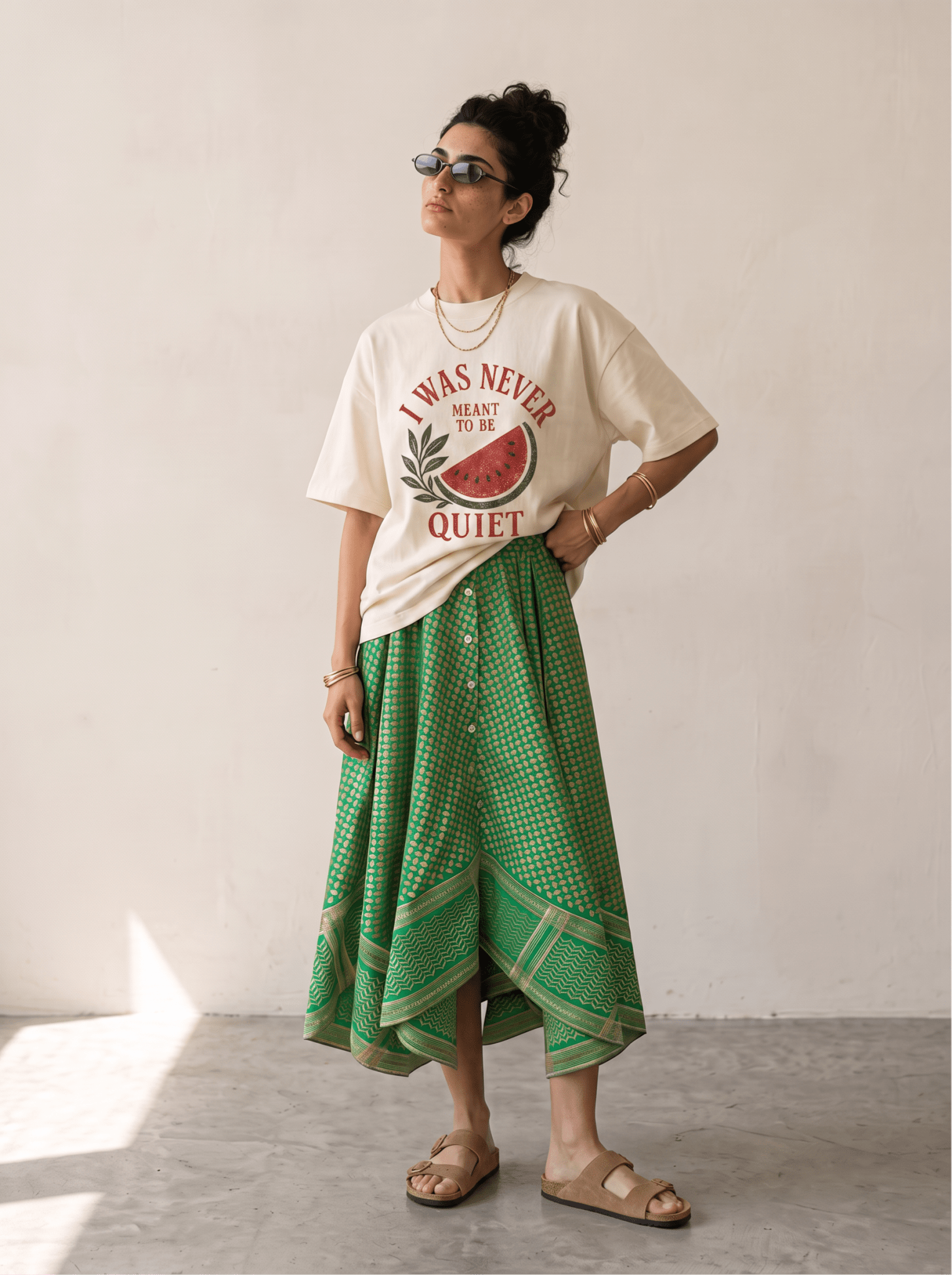 Keffiyeh Embroidered Asymmetric Maxi Skirt / Green - ANZ