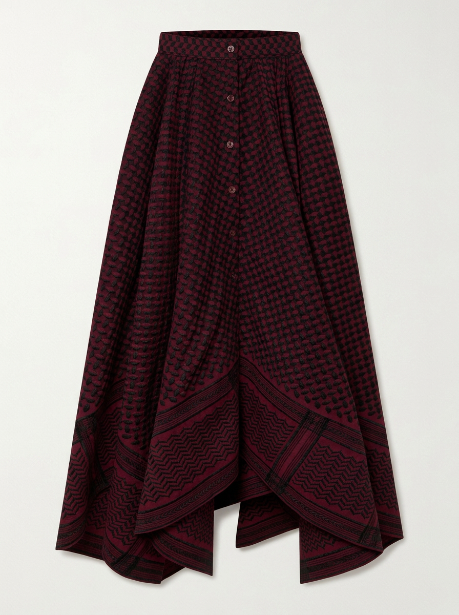 Burgundy and black keffiyeh embroidered asymmetric maxi skirt