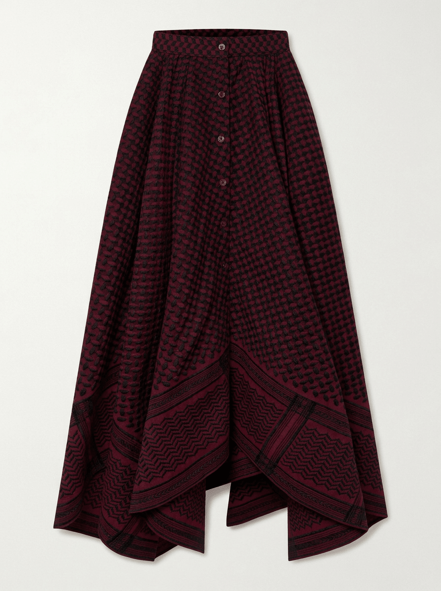 PRE-ORDER / Keffiyeh Embroidered Asymmetric Maxi Skirt / BURGUNDY & BLACK - ANZ
