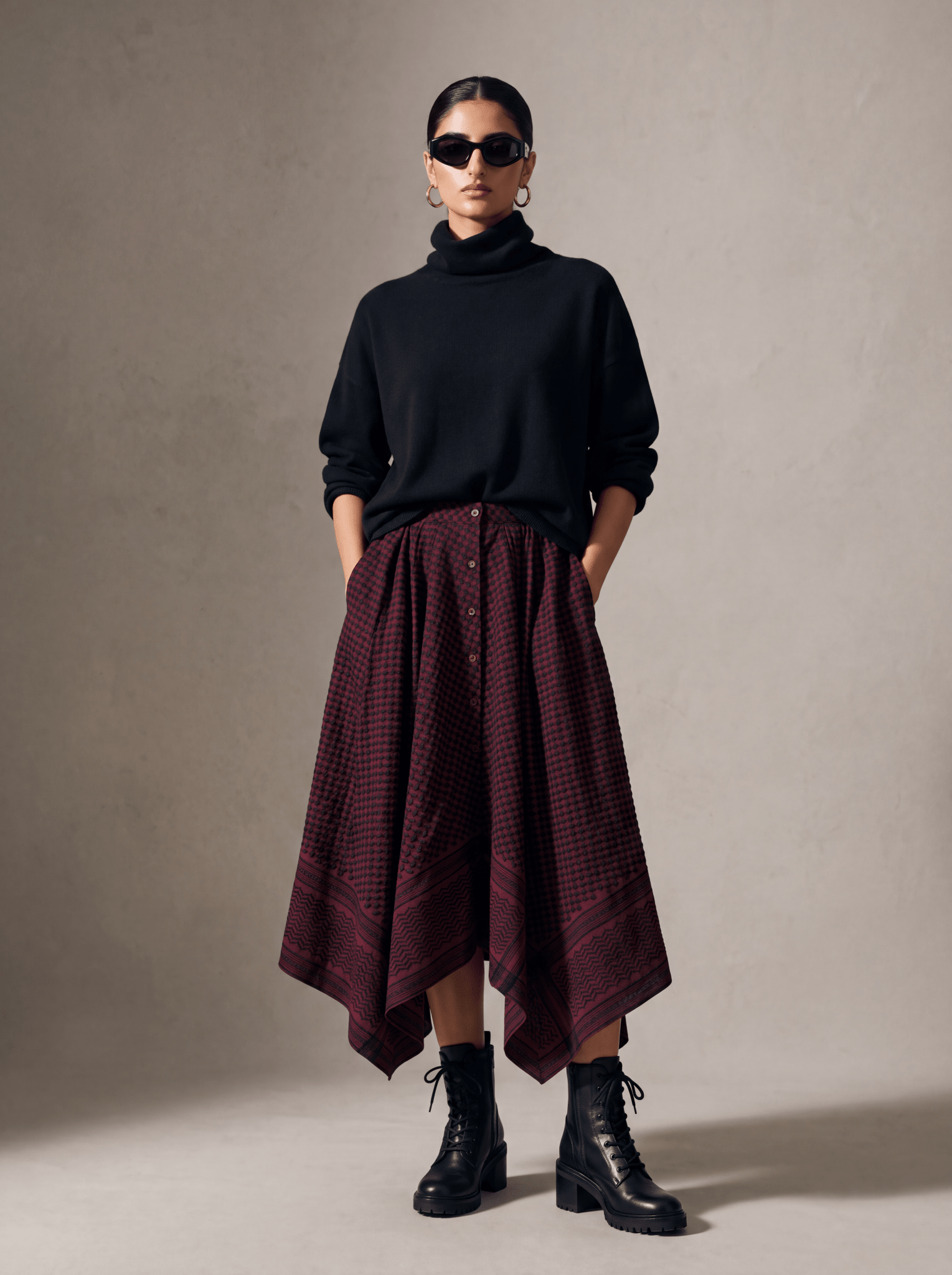 PRE-ORDER / Keffiyeh Embroidered Asymmetric Maxi Skirt / BURGUNDY & BLACK - ANZ