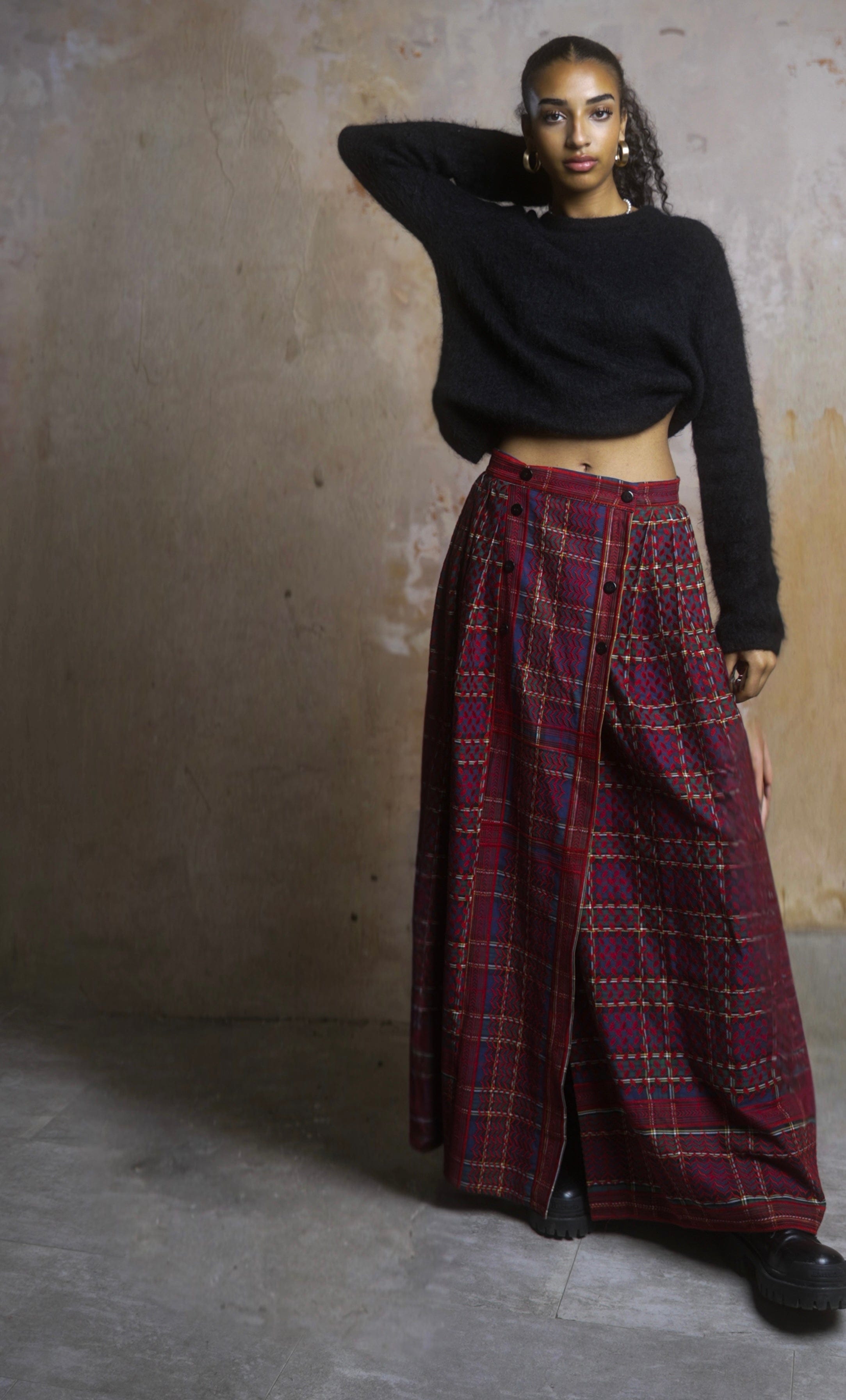 Keffiyeh Embroidered Tartan Maxi Skirt