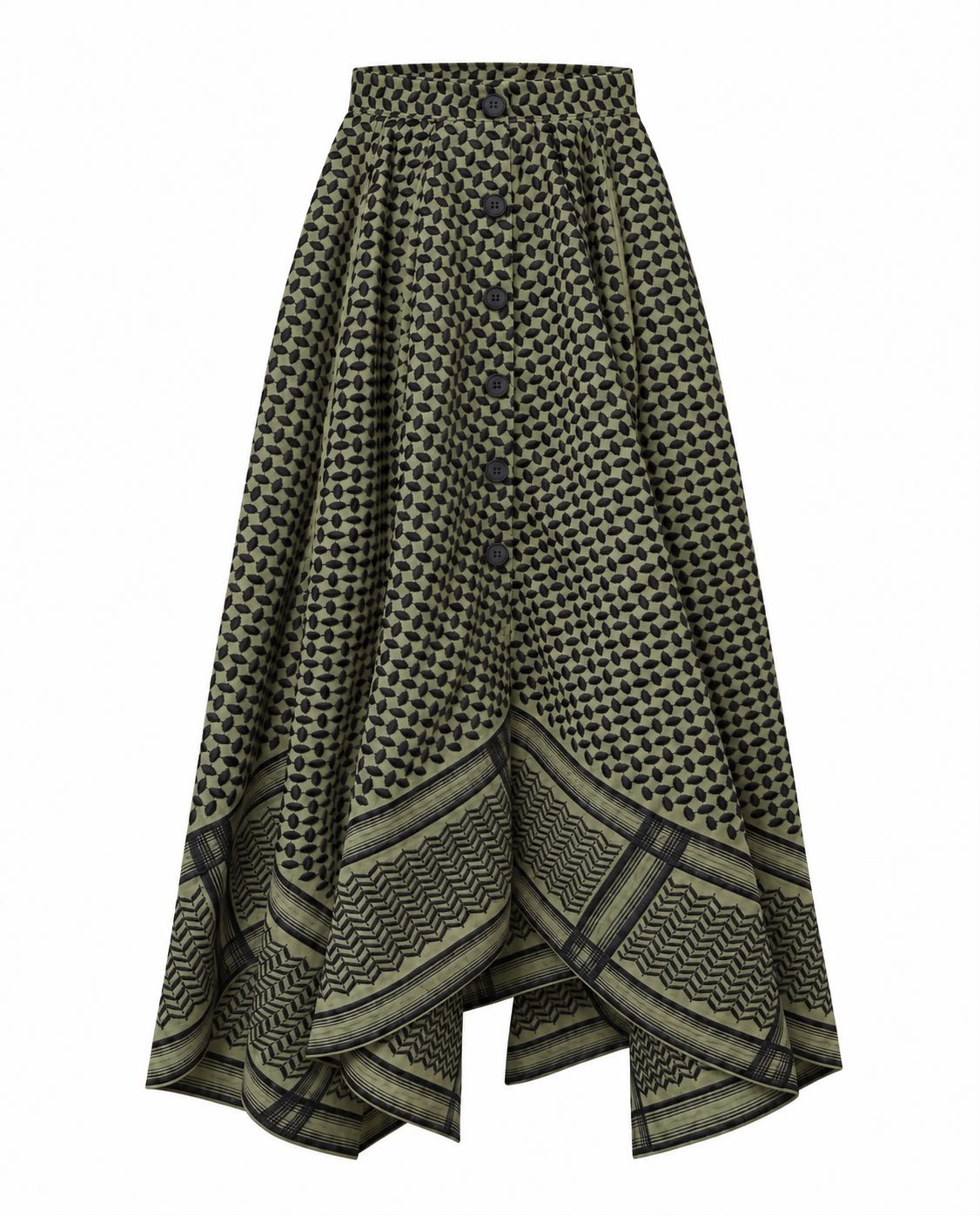 Olive asymmetric maxi skirt with black keffiyeh embroidery