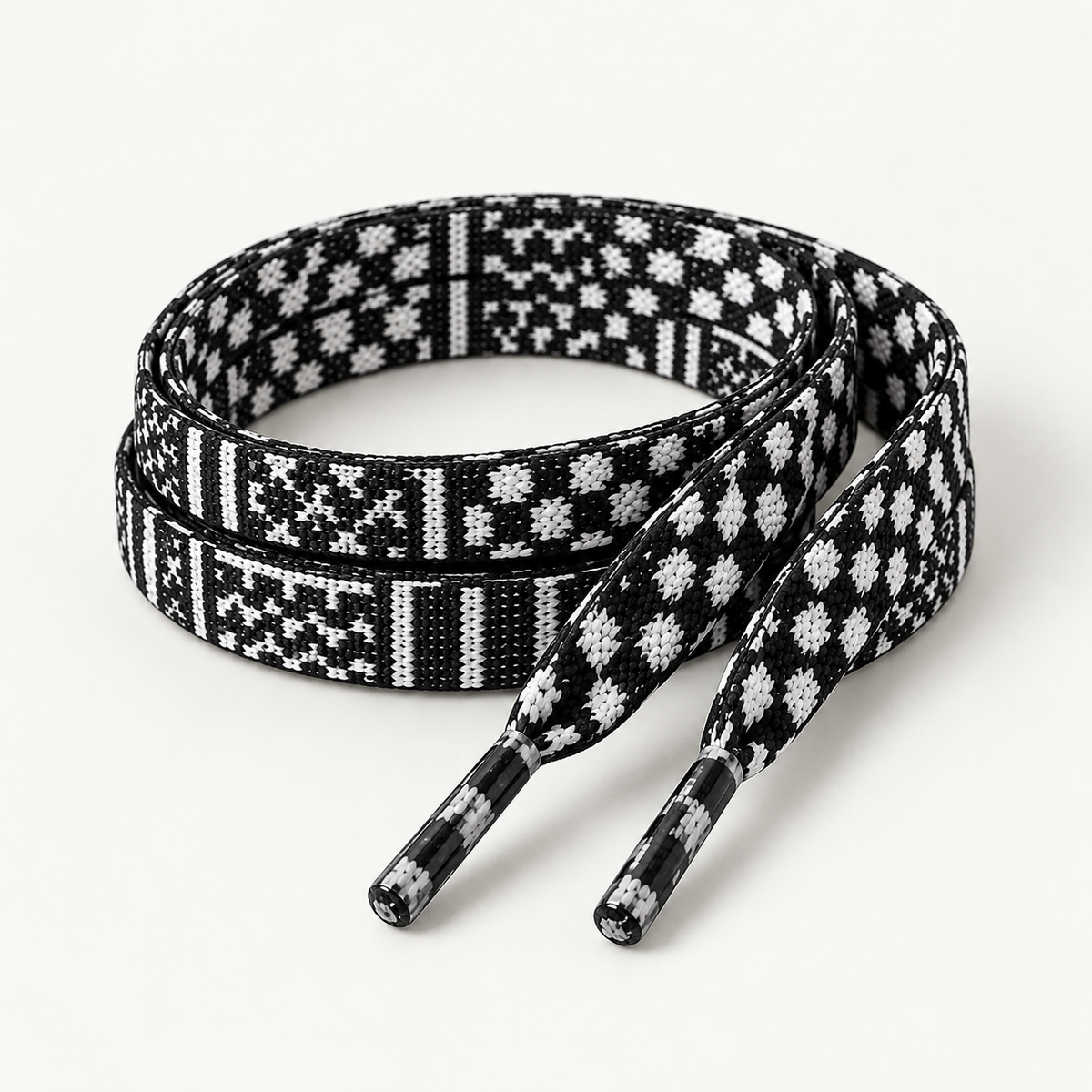 KING black and white keffiyeh flat shoelaces coiled