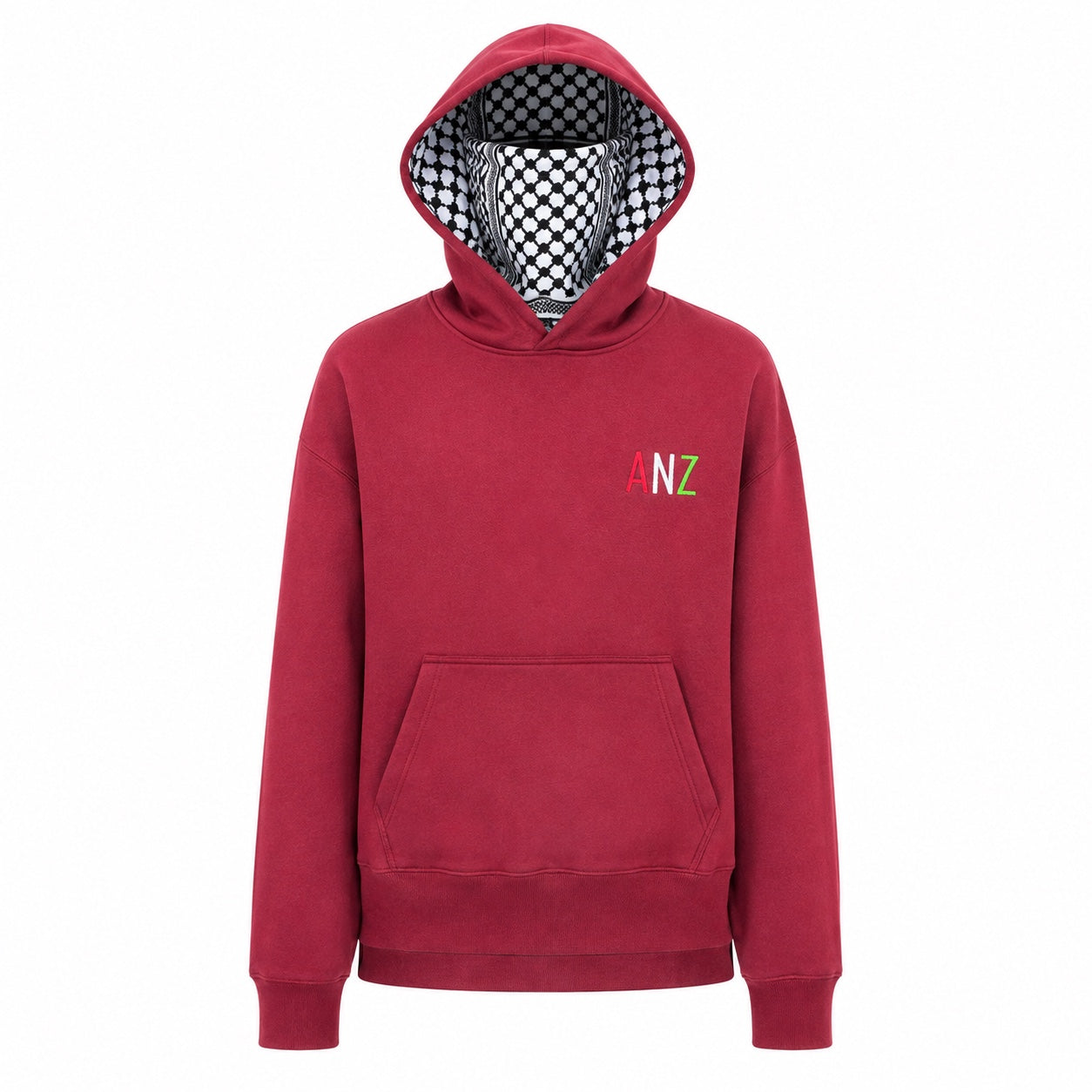 ANZ burgundy Privacy Hoodie with built-in black and white keffiyeh fabric face mask