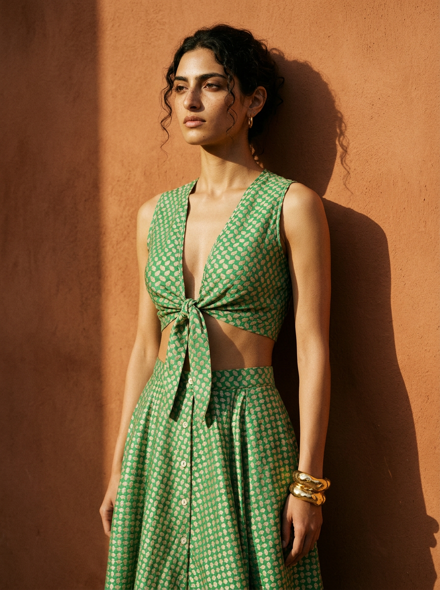 Keffiyeh Embroidered Tie-Front Top / Green / PREORDER 15/08/26