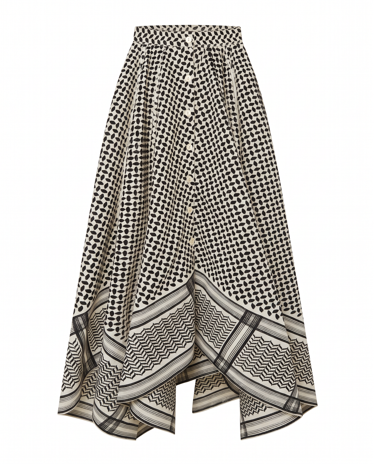 White ivory keffiyeh asymmetric maxi skirt with black embroidery